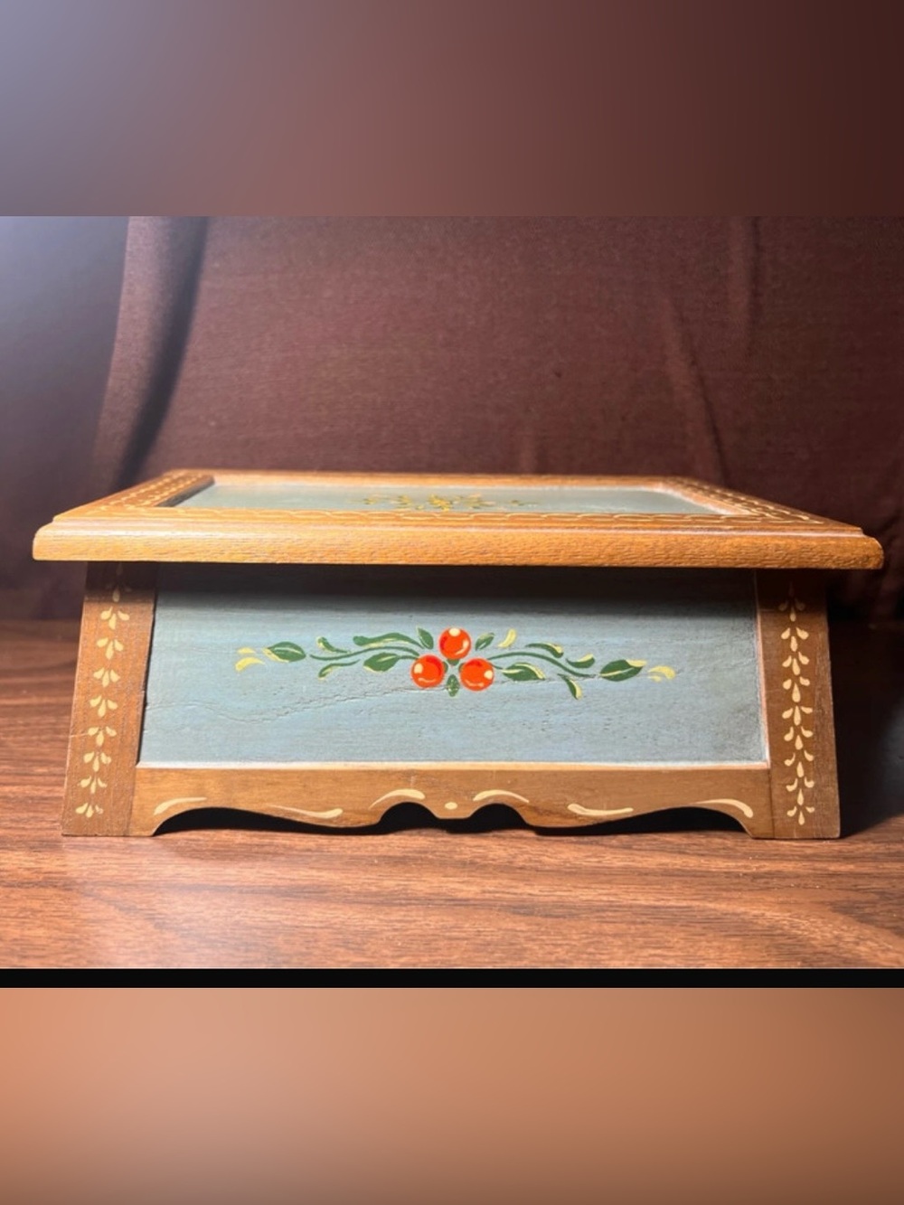 Hand-Painted by Swiss Artist Anri Blue Wooden Box with Red Floral Motif
